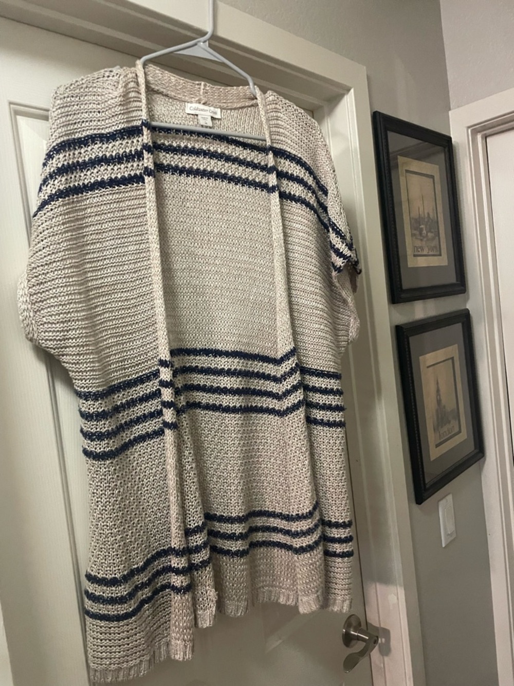 SKU0032 Coldwater Creek Cream Open-Front Cardigan with Navy Stripes
